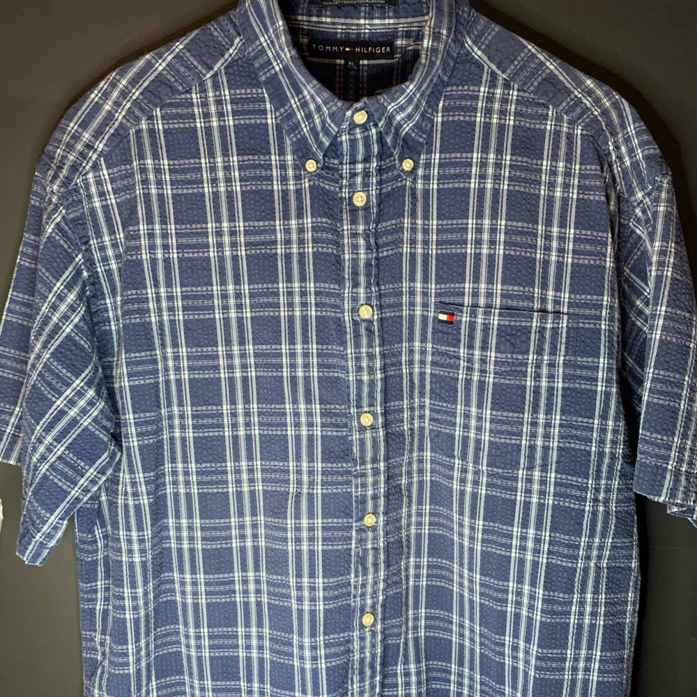 Tommy Hilfiger Short Sleeve Button Down Mens XL (Blue Plaid)